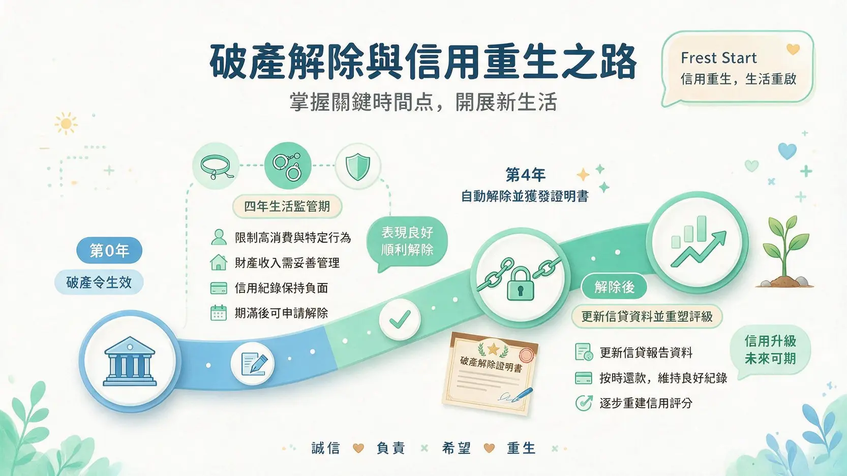 破產期滿自動解除與信用修復時間軸示意圖
